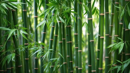 Poster - Lush Green Bamboo Forest with Vertical Stems and Leaves Creating a Natural Texture Background