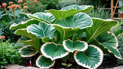 Poster - Lush green plants with large variegated leaves and white edges thriving in a vibrant garden setting for a serene outdoor atmosphere.