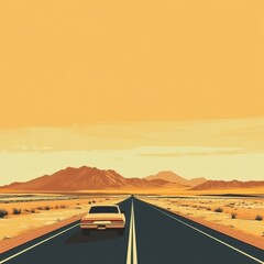 Poster - Car journeys along a desert road with distant mountains under warm orange and yellow tones. Generative AI