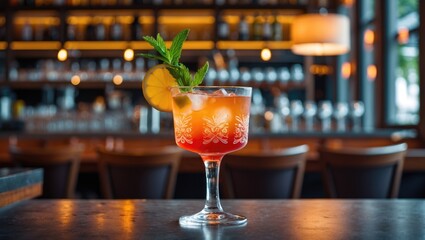 Poster - Cocktail Glass With Garnish In A Trendy Restaurant Setting Empty Space For Text And Background Bokeh Creating A Warm Atmosphere