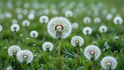 Aufkleber - Vibrant Green Field Covered With White Dandelion Puffballs Creating A Serene Natural Background For Text Placement