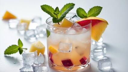 Poster - Refreshing Fruit Cocktail With Ice Mint Garnish And Colorful Fruit Chunks On A Bright Background Perfect For Summer Refreshments