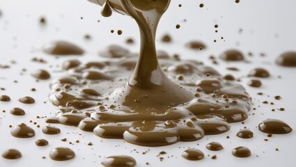 Poster - Mud droplets splashing and pooling on a white background showcasing rich textures and earthy tones for creative projects.
