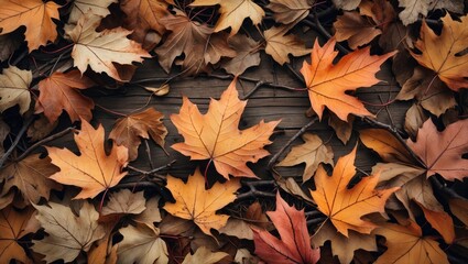 Poster - Colorful autumn leaves layered on wood, showcasing vibrant oranges, yellows, and reds in a natural fall setting.