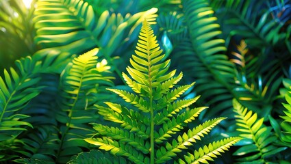 Fototapete - Lush Green Fern Leaves Background with Space for Text or Graphics in Natural Setting