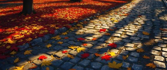 Poster - Autumn leaves on cobblestone pavement with shadows from trees creating a vibrant seasonal background for text and copy space.