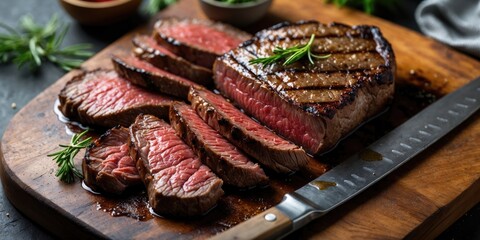 Aufkleber - Sliced Grilled Beef Striploin Steak on Wooden Board with Fresh Herbs and Empty Space for Text or Branding