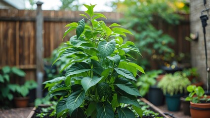Aufkleber - Lush Green Plant Thriving in Backyard Garden Surrounded by Potted Plants and Natural Light