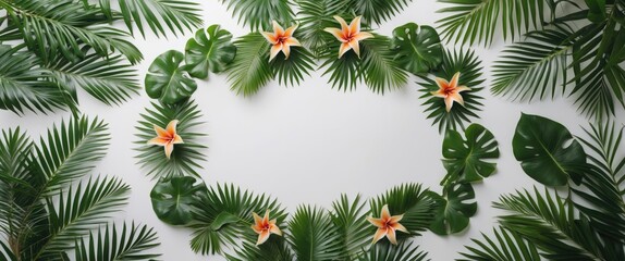 Aufkleber - Tropical Leaf Arrangement with Flowers on White Background for Web Banners and Floral Designs Ideal for Text Placement and Promotions
