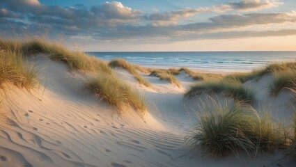 Poster - Serene Coastal Dunes at Sunset With Gentle Sea Waves and Lush Grass in Natural Park Setting