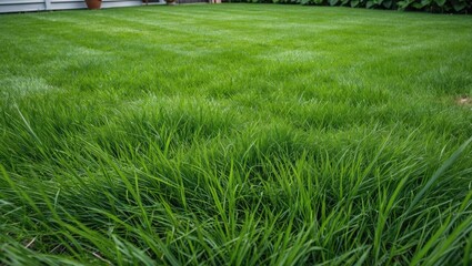 Poster - Lush Green Grass Lawn in Backyard with Clear Space for Text and Design Elements Perfect for Landscaping or Gardening Advertisements
