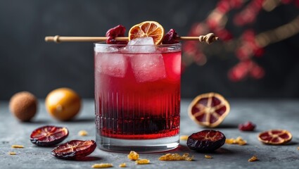 Aufkleber - Refreshing Red Cocktail Garnished with Dried Fruits and Ice on a Dark Background with Space for Text or Branding.