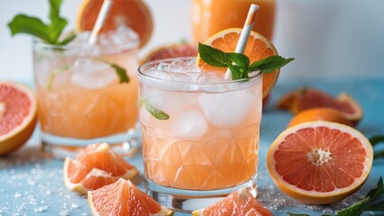 Aufkleber - Refreshing Grapefruit Cocktail With Mint Garnish And Straw Surrounded By Fresh Grapefruit Slices On A Bright Blue Background
