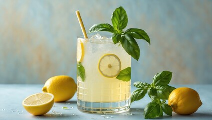 Aufkleber - Refreshing Basil Lemonade Cocktail with Ice Garnished with Lemon Slices and Fresh Basil Leaves on a Soft Background