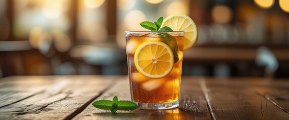 Aufkleber - Refreshing Iced Tea with Lemon and Mint Garnish on Wooden Table in Cozy Cafe Ambiance with Space for Text