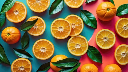 Aufkleber - Vibrant Flat Lay of Fresh Oranges and Green Leaves on a Colorful Background Celebrating Healthy Living and Summer Vibes in Minimalist Design