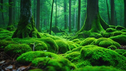 Aufkleber - Lush Green Forest Moss Carpet with Tranquil Atmosphere and Space for Text Overlay in a Serene Natural Environment