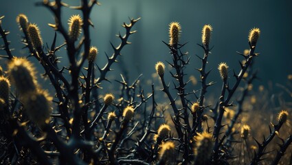 Poster - Thorny Silhouettes of Dry Plants with Soft Highlights Against a Moody Background in Nature's Evening Light