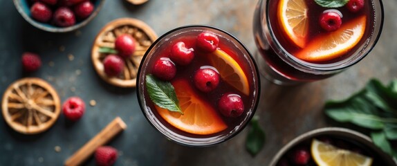 Aufkleber - Sangria with Fresh Berries and Citrus Garnish on Table Surrounded by Ingredients for Refreshing Summer Drinks