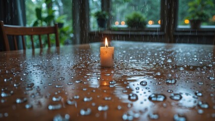 Poster - Serene Dining Table with Candle Illuminated Amidst Raindrops and Soft Natural Light in Cozy Indoor Environment