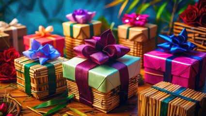 Poster - Colorful Bamboo Gift Boxes with Decorative Ribbons and Bow on a Wooden Surface Ideal for Holiday and Celebration Themes