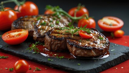 Aufkleber - Grilled Meat Medallions with Fresh Tomatoes on Slate Serving Board Against Vibrant Red Background