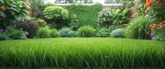 Aufkleber - Lush Green Grass with Vibrant Garden Plants Surrounded by Lush Foliage and Colorful Flowers in a Tranquil Outdoor Setting