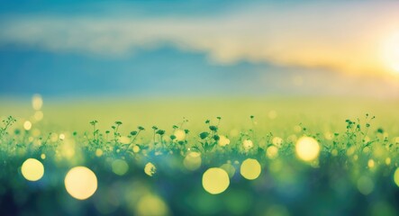 Poster - Serene Nature Background Soft Focus Bokeh Light on Meadow with Blue Sky at Sunrise Ideal for Earth Day and Environmental Themes