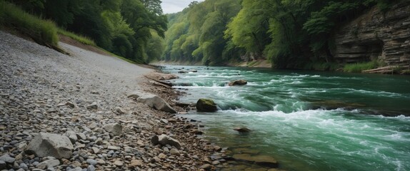 Aufkleber - Serene Riverbanks with Gravel Shores and Lush Greenery Reflecting Tranquil Waters in a Natural Landscape Setting