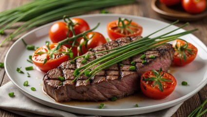 Poster - Grilled Beef EntrecÃ´te Fillet Garnished with Fresh Chives and Cherry Tomatoes on a White Plate Surrounded by Rustic Wood Background