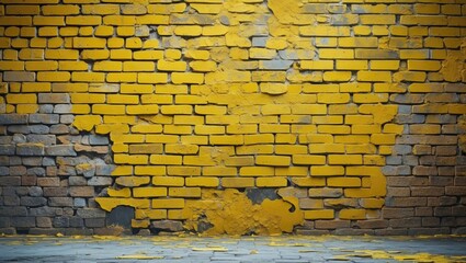 Poster - Weathered vintage brick wall with peeling yellow paint, offering a rustic and textured background for various applications.