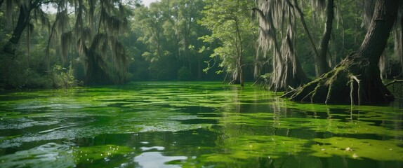 Aufkleber - Lush Green Lake with Algae in a Serene Swamp Surrounded by Trees and Spanish Moss Under Soft Natural Light.