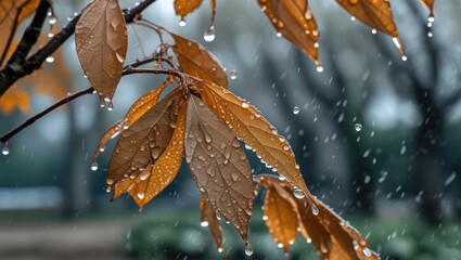 Poster - Water droplets on dry leaves of an oriental plane tree in a serene rainfall ambiance showcasing autumn's beauty and nature's elegance