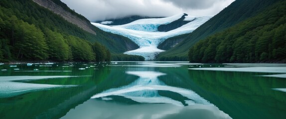 Poster - Serene Green Glacier Lake Surrounded By Forest With Glacier Reflections And Room For Text Overlay In Scenic Landscape