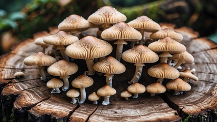 Poster - Mushrooms Growing on Tree Trunk with Intricate Details Creating a Magical Nature-Inspired Atmosphere Rich in Texture and Arrangement