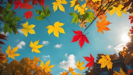 Poster - Vibrant maple leaves in green yellow and red against a bright autumn sky showcasing seasonal beauty and colorful nature scenery.