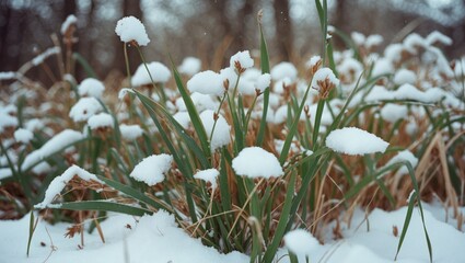 Aufkleber - Winter landscape featuring grasses covered in fresh snow creating a serene and tranquil outdoor background texture.