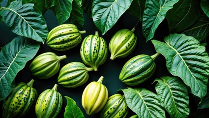 Aufkleber - Vibrant Green Papaya Leaves and Striped Fruits Top View with Copy Space for Text and Designs