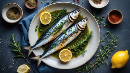 Poster - Grilled Mackerel Fish With Lemon And Herbs Surrounded By Spices Captured From Top View For Menu Recipe Or Food Blog Showcase