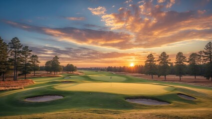 Poster - Scenic Golf Course at Sunset with Colorful Sky and Panoramic Fairway View Surrounded by Pine Trees Ideal for Text Overlay