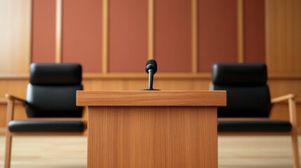 Wall Mural - Elegant Simplicity: A close-up shot of a wooden podium with a sleek microphone at the center, placed on an empty courtroom stage. 