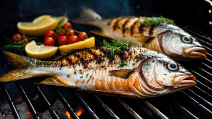 Aufkleber - Grilled Fish on BBQ with Fresh Lemon and Herbs Perfect for Summer Barbecue Promotions and Food Advertising Copy Space Available