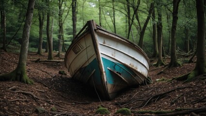 Poster - Abandoned Boat Surrounded By Lush Forest Glade Amidst Nature's Decay and Serenity in a Peaceful Woodland Setting