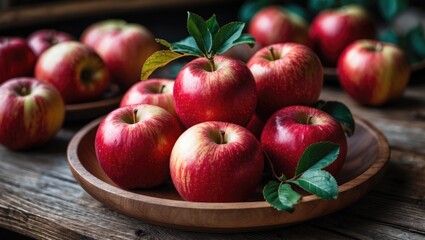 Canvas Print - Natural Red Apples Arranged on a Rustic Wooden Plate Surrounded by Fresh Green Leaves in Warm, Inviting Lighting