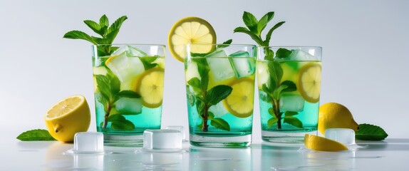 Aufkleber - Refreshing Lemonade with Mint and Ice Cubes Served in Glasses on White Background with Space for Custom Text or Advertisements