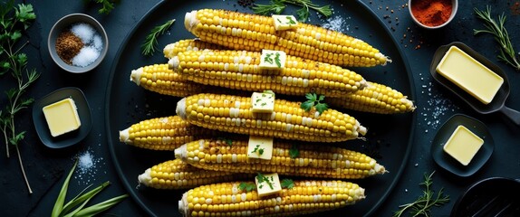 Poster - Grilled Corn On The Cob Served With Butter Herbs And Spices On A Dark Plate Top View With Copy Space For Text Or Advertisement