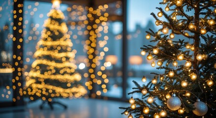 Poster - Christmas Double Exposure with Warm Gold Bokeh Lights and Decorated Trees in Soft Focus for Festive Backgrounds