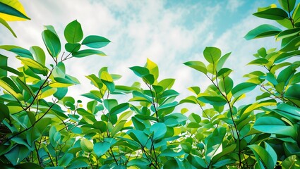 Poster - Lush Green Leaves Against a Bright Sky Ideal for Nature Themes and Backgrounds