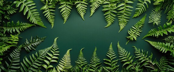 Poster - Lush Fern Leaves on Green Background with Clear Copy Space for Text or Graphic Design Applications