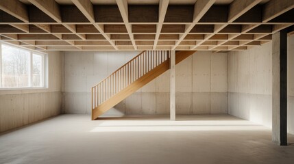 Wall Mural - Industrial Charm: A high-angle shot of a modern basement under construction, focusing on the wooden staircase that spirals gently down to the cement floor. 